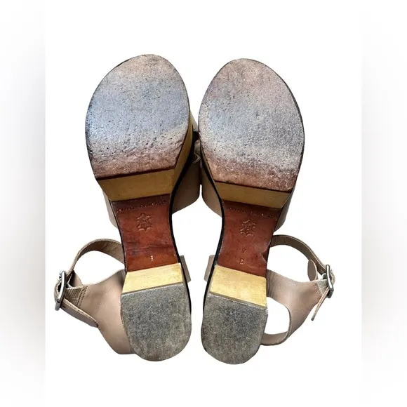 Loeffler Randall Starrett Wooden Platform Sandals Tan Leather Heels Size 7