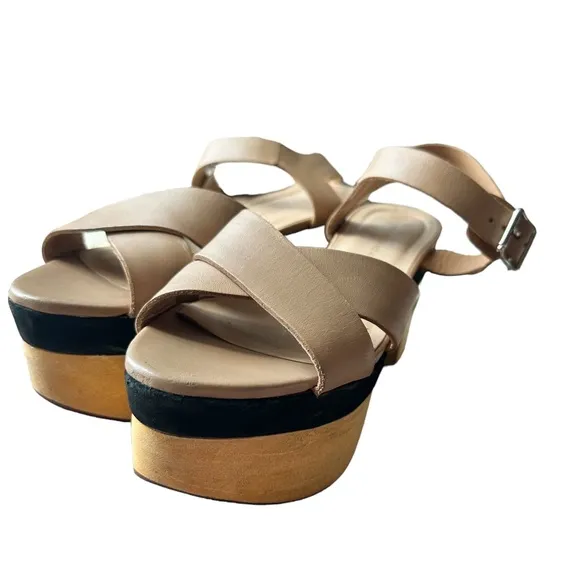 Loeffler Randall Starrett Wooden Platform Sandals Tan Leather Heels Size 7