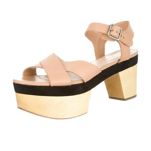 Loeffler Randall Starrett Wooden Platform Sandals Tan Leather Heels Size 7