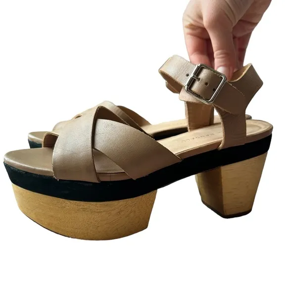 Loeffler Randall Starrett Wooden Platform Sandals Tan Leather Heels Size 7