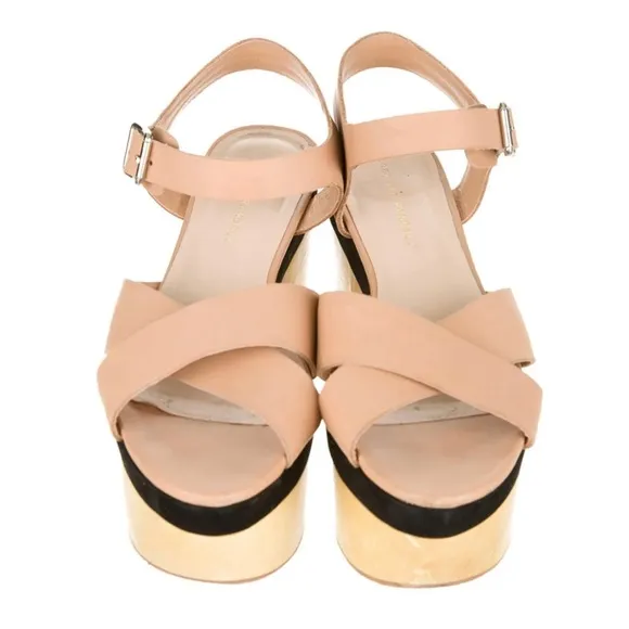 Loeffler Randall Starrett Wooden Platform Sandals Tan Leather Heels Size 7
