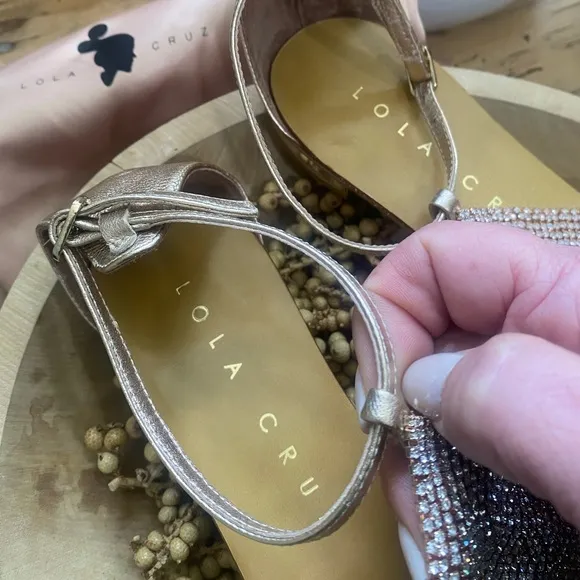 Lola Cruz Rhinestone Rose Gold Leather Sandals