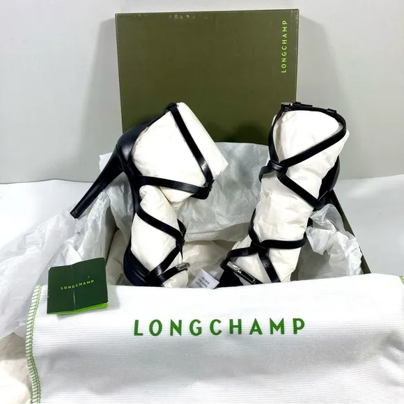 Longchamp Stiletto Heels Sandal Leather Black 40 EU 9 US NEW