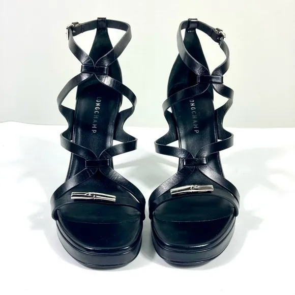 Longchamp Stiletto Heels Sandal Leather Black 40 EU 9 US NEW
