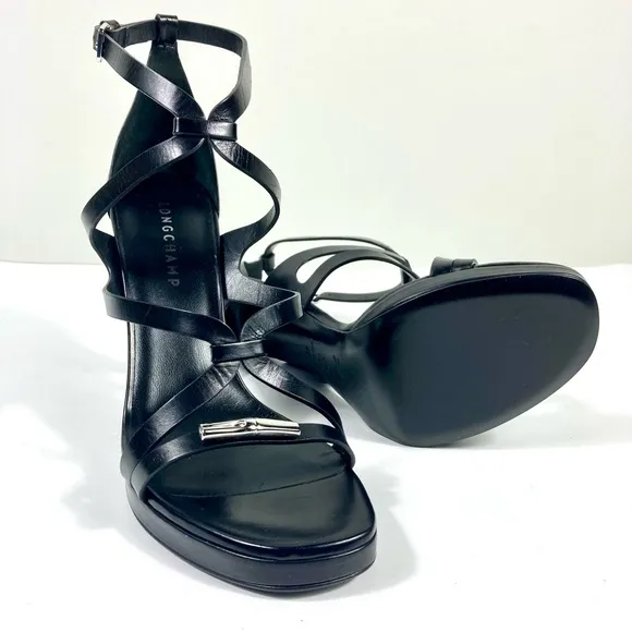 Longchamp Stiletto Heels Sandal Leather Black 40 EU 9 US NEW