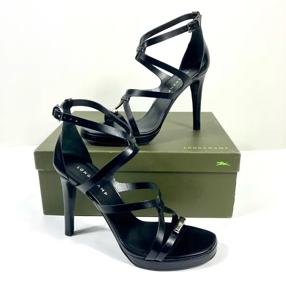 Longchamp Stiletto Heels Sandal Leather Black 40 EU 9 US NEW