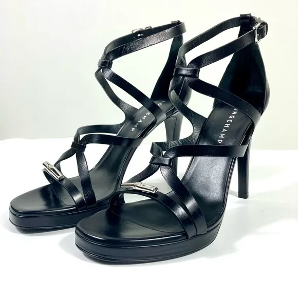 Longchamp Stiletto Heels Sandal Leather Black 40 EU 9 US NEW