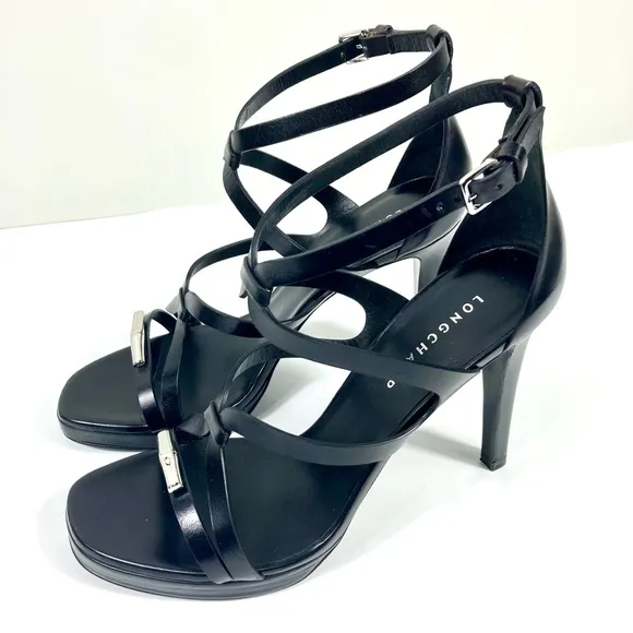 Longchamp Stiletto Heels Sandal Leather Black 40 EU 9 US NEW