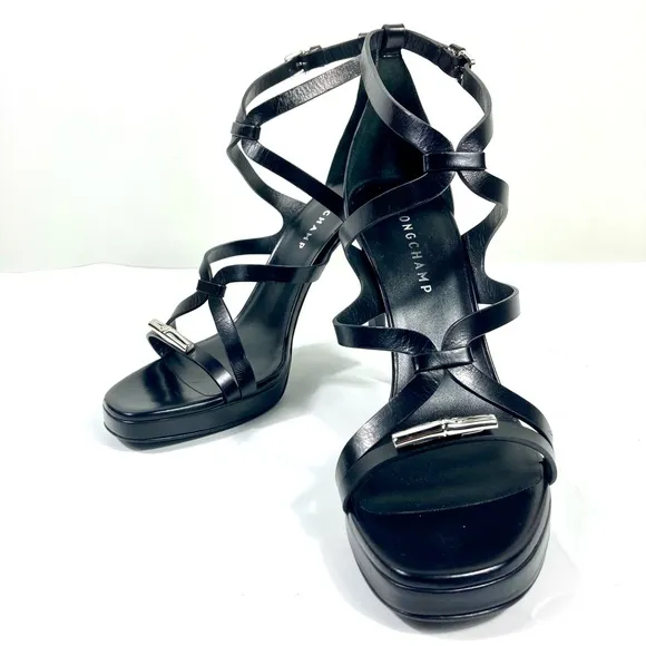 Longchamp Stiletto Heels Sandal Leather Black 40 EU 9 US NEW