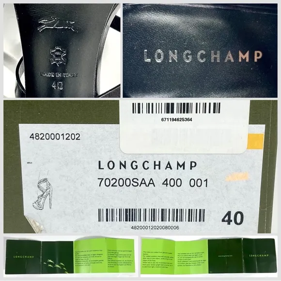 Longchamp Stiletto Heels Sandal Leather Black 40 EU 9 US NEW