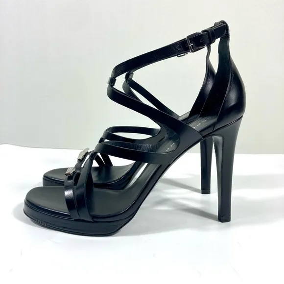Longchamp Stiletto Heels Sandal Leather Black 40 EU 9 US NEW