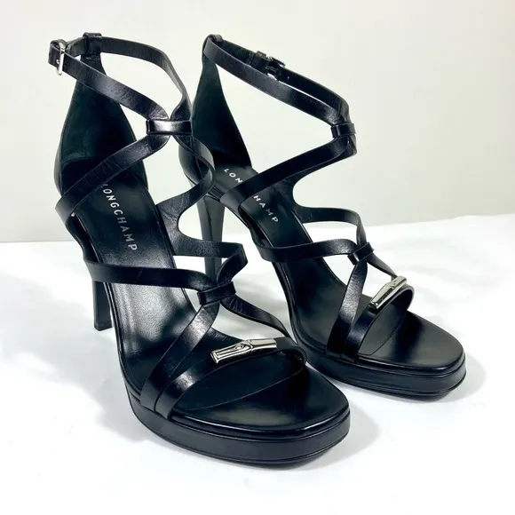 Longchamp Stiletto Heels Sandal Leather Black 40 EU 9 US NEW