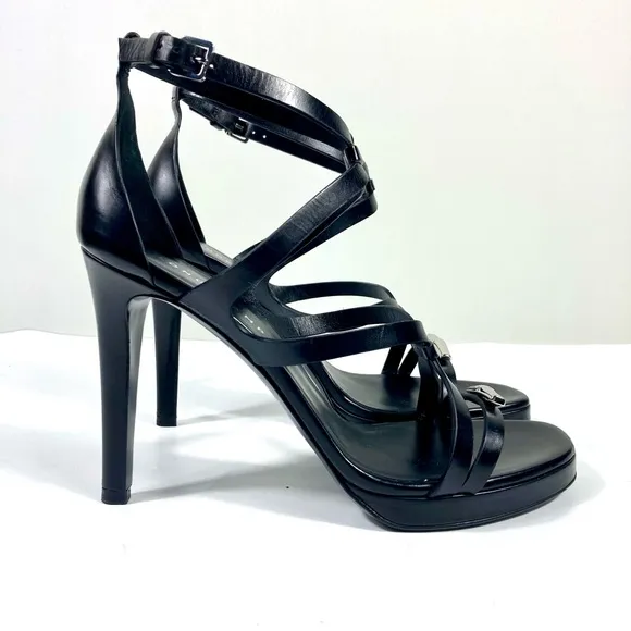 Longchamp Stiletto Heels Sandal Leather Black 40 EU 9 US NEW