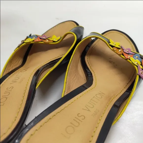 LOUIS VUITTON Leather Flower Patterm Open-Toe Mule Sandals EUR 37 1/2