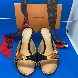 LOUIS VUITTON Leather Flower Patterm Open-Toe Mule Sandals EUR 37 1/2