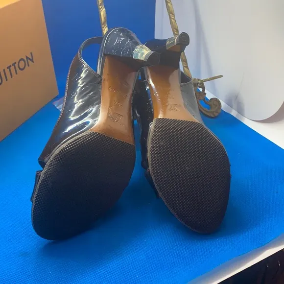 Louis Vuitton Monogram Black Patent Leather Slingback Sandals Size 36.5