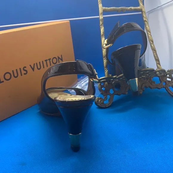 Louis Vuitton Monogram Black Patent Leather Slingback Sandals Size 36.5