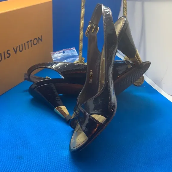 Louis Vuitton Monogram Black Patent Leather Slingback Sandals Size 36.5