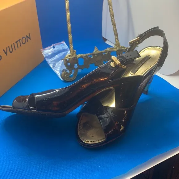 Louis Vuitton Monogram Black Patent Leather Slingback Sandals Size 36.5