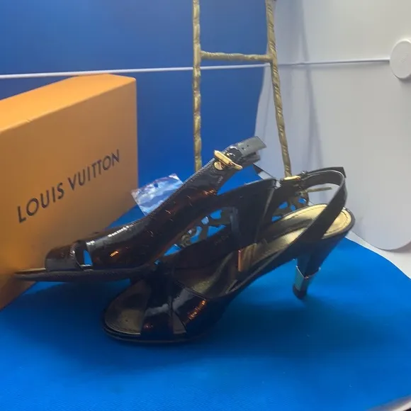 Louis Vuitton Monogram Black Patent Leather Slingback Sandals Size 36.5