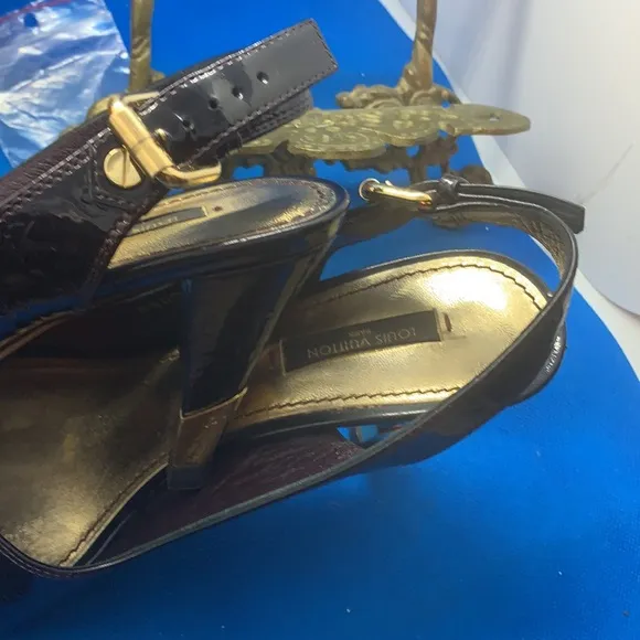 Louis Vuitton Monogram Black Patent Leather Slingback Sandals Size 36.5