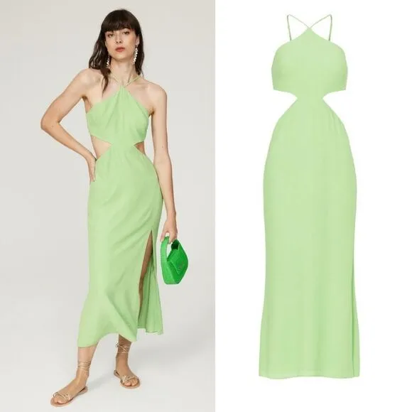 Louna Halter Cutout Green Side Slit Elegant Hourglass Crepe Midi Dress Gown M