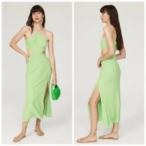 Louna Halter Cutout Green Side Slit Elegant Hourglass Crepe Midi Dress Gown M
