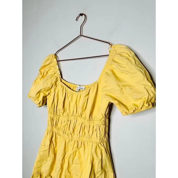 LOUNA Mellow Yellow Cotton Square Neck Puff Sleeves Smocked Cinched Dress Size M