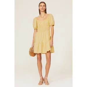 LOUNA Mellow Yellow Cotton Square Neck Puff Sleeves Smocked Cinched Dress Size M