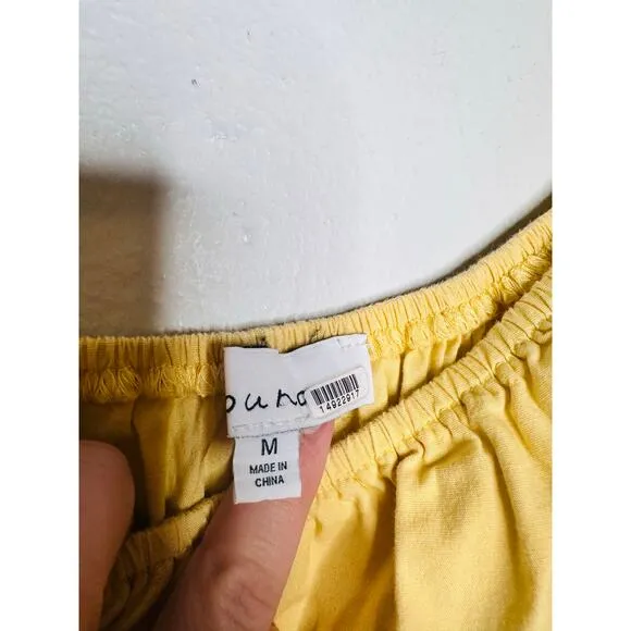 LOUNA Mellow Yellow Cotton Square Neck Puff Sleeves Smocked Cinched Dress Size M