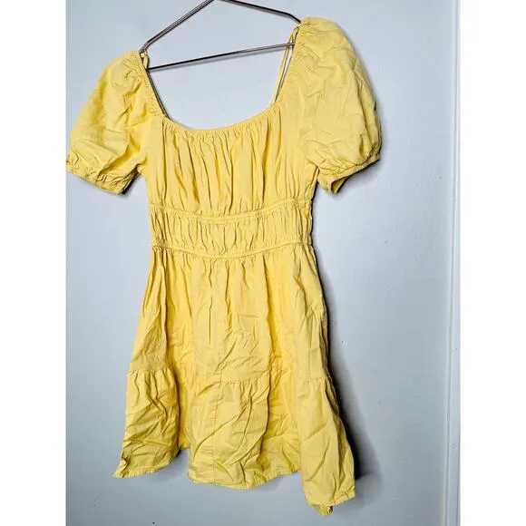 LOUNA Mellow Yellow Cotton Square Neck Puff Sleeves Smocked Cinched Dress Size M
