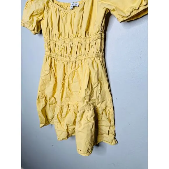 LOUNA Mellow Yellow Cotton Square Neck Puff Sleeves Smocked Cinched Dress Size M