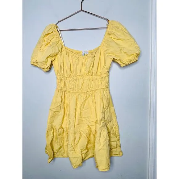 LOUNA Mellow Yellow Cotton Square Neck Puff Sleeves Smocked Cinched Dress Size M