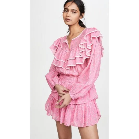 LoveShackFancy Luca Floral Print Ruffle Mini Dress Fuchsia Berry Size L