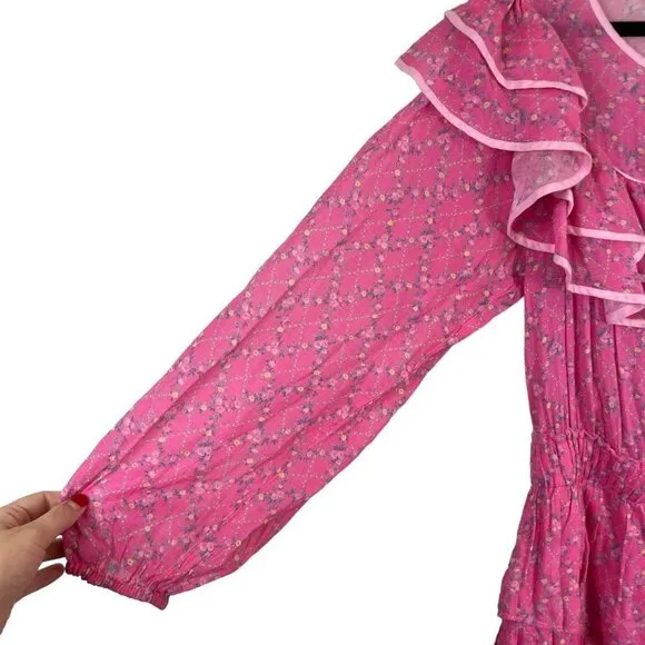 LoveShackFancy Luca Floral Print Ruffle Mini Dress Fuchsia Berry Size L