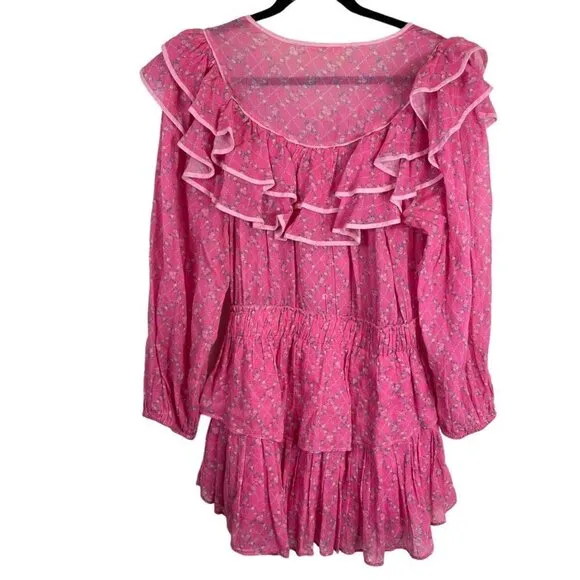 LoveShackFancy Luca Floral Print Ruffle Mini Dress Fuchsia Berry Size L