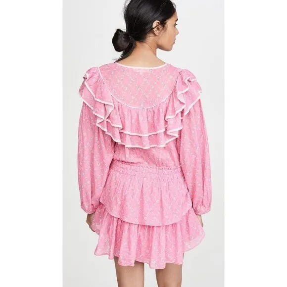 LoveShackFancy Luca Floral Print Ruffle Mini Dress Fuchsia Berry Size L