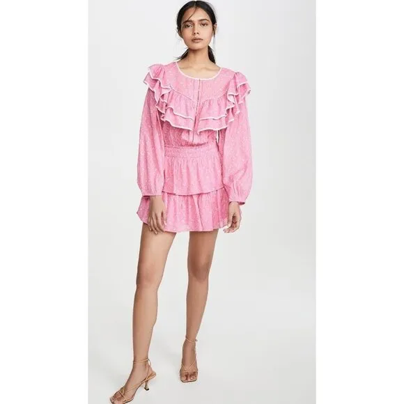LoveShackFancy Luca Floral Print Ruffle Mini Dress Fuchsia Berry Size L