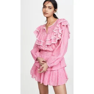 LoveShackFancy Luca Floral Print Ruffle Mini Dress Fuchsia Berry Size L