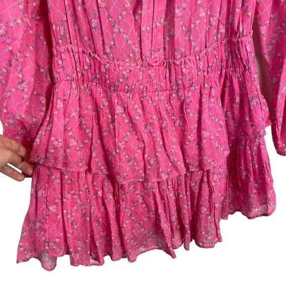 LoveShackFancy Luca Floral Print Ruffle Mini Dress Fuchsia Berry Size L