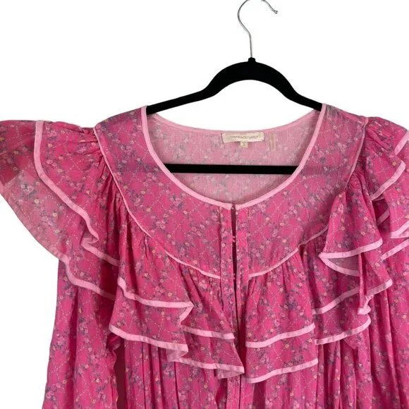 LoveShackFancy Luca Floral Print Ruffle Mini Dress Fuchsia Berry Size L
