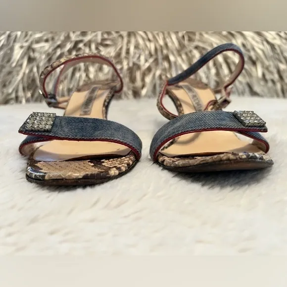 LUCIANO PADOVAN 36.5 5.5 6 Snake Print Leather Denim Italian 3.5” Heels Sandals