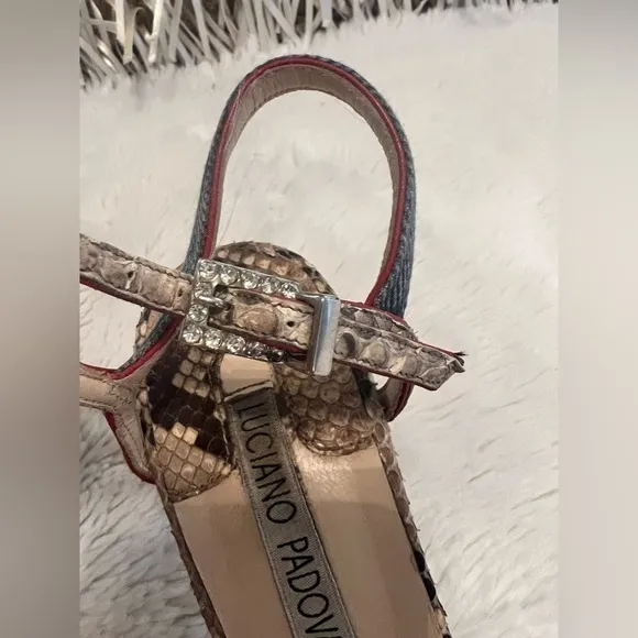 LUCIANO PADOVAN 36.5 5.5 6 Snake Print Leather Denim Italian 3.5” Heels Sandals