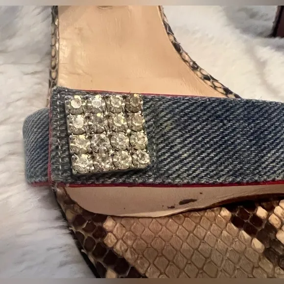 LUCIANO PADOVAN 36.5 5.5 6 Snake Print Leather Denim Italian 3.5” Heels Sandals