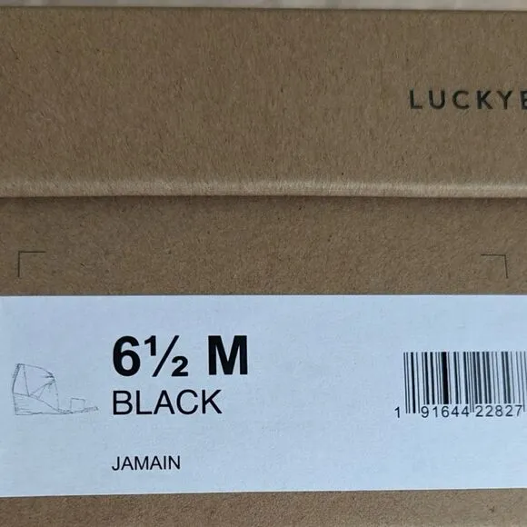 Lucky Brand Jamain black suede wedge sandal size 6 1/2 in box