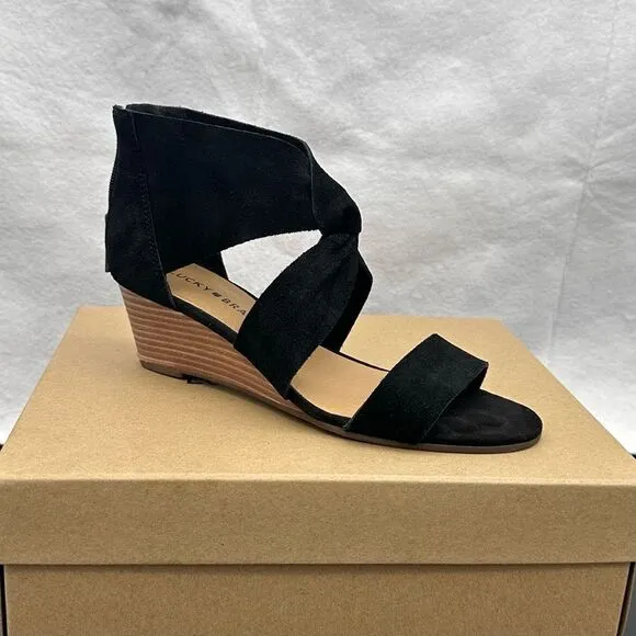 Lucky Brand Jamain black suede wedge sandal size 6 1/2 in box