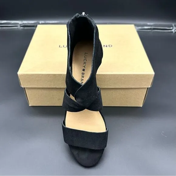 Lucky Brand Jamain black suede wedge sandal size 6 1/2 in box