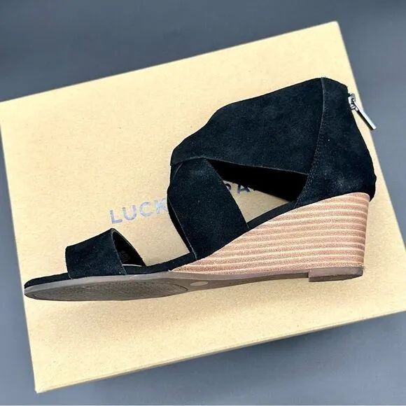 Lucky Brand Jamain black suede wedge sandal size 6 1/2 in box