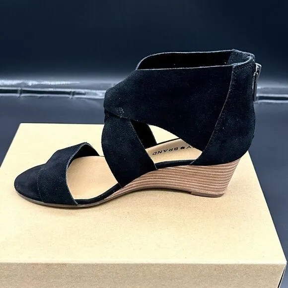 Lucky Brand Jamain black suede wedge sandal size 6 1/2 in box