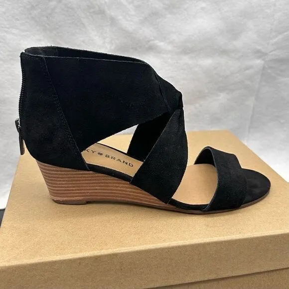 Lucky Brand Jamain black suede wedge sandal size 6 1/2 in box